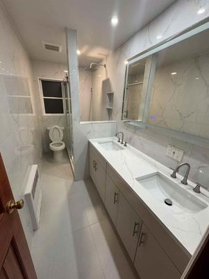 Bathroom, Dual Sink Vanities, Interior, Marble Walls, Recessed Lighting