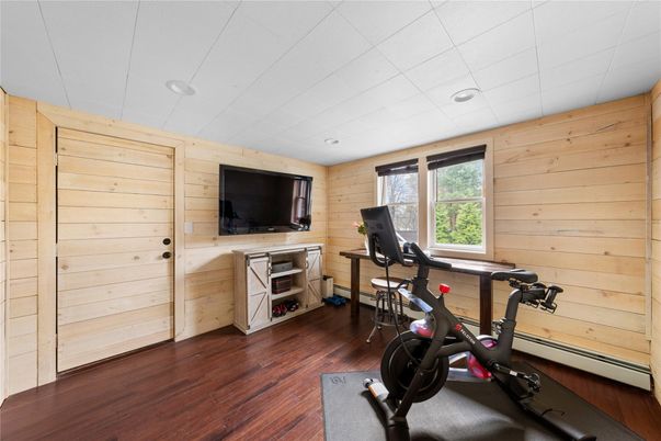 Fitness Equipment, Interior, Recessed Lighting, Wood Texture Flooring, Wooden Walls