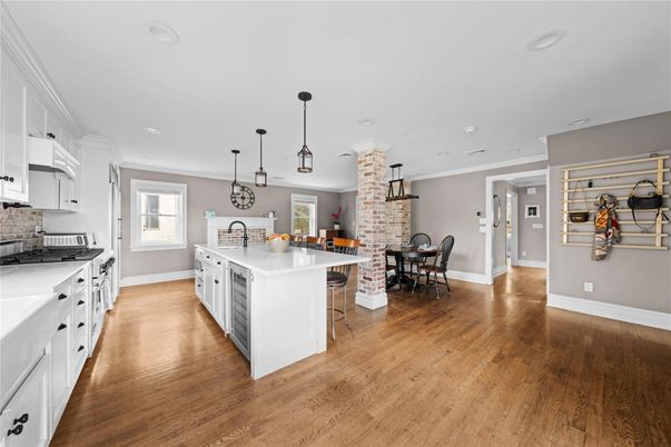 Dining room, Interior, Kitchen, Pendant Lights, Recessed Lighting, Stone Walls, Wood Texture Flooring
