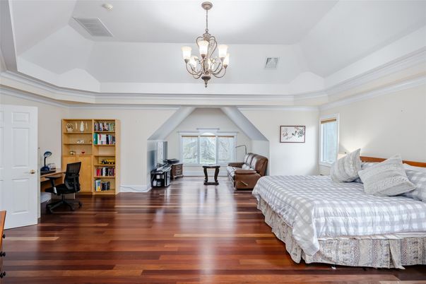 Bedroom, Chandelier, Home Office, Interior, Wood Texture Flooring