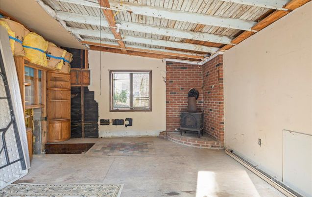 Empty room, Fireplace, Interior, Stone Walls, Wooden Beams