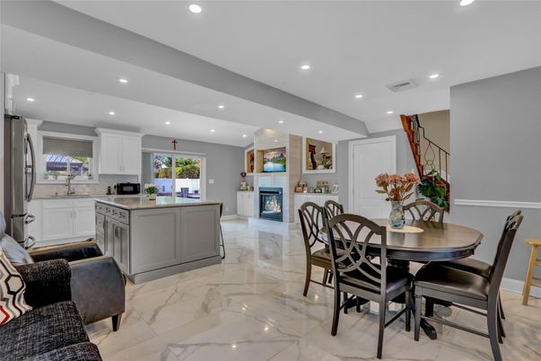 Dining room, Fireplace, Interior, Kitchen, Marble, Recessed Lighting