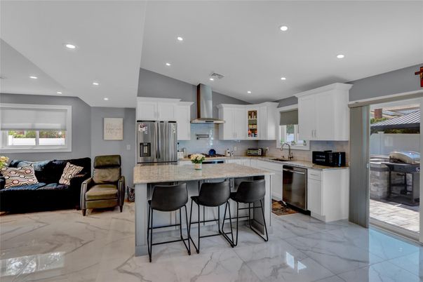 Interior, Kitchen, Living room, Marble, Recessed Lighting, Stainless Steel Appliances