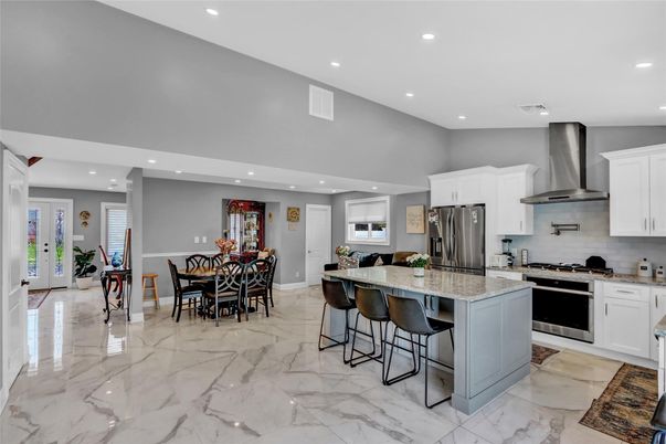 Dining room, Interior, Kitchen, Marble, Recessed Lighting, Stainless Steel Appliances