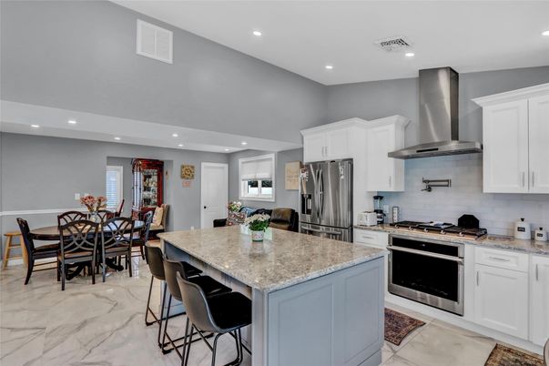 Dining room, Interior, Kitchen, Marble, Recessed Lighting, Stainless Steel Appliances