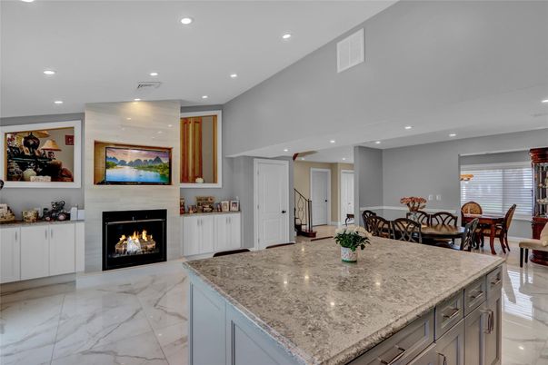 Dining room, Fireplace, Interior, Kitchen, Marble, Recessed Lighting