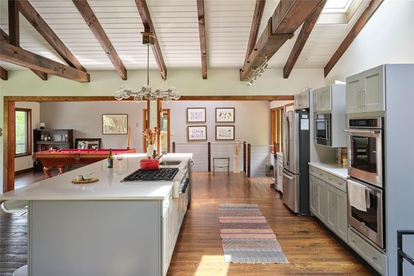 Interior, Kitchen, Pendant Lights, Stainless Steel Appliances, Wooden Beams, Wood Texture Flooring