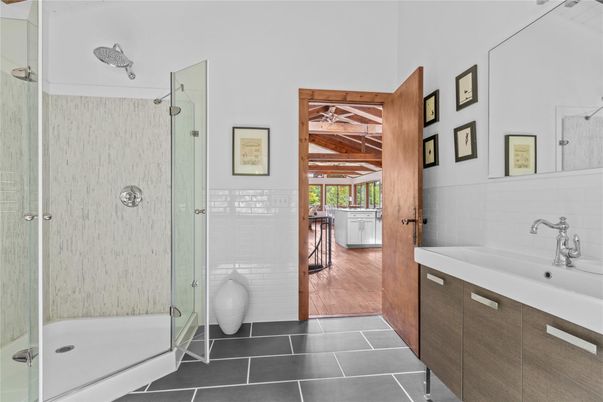 Bathroom, Glass Shower, Interior, Wooden Beams, Wooden Ceilings, Wood Texture Flooring