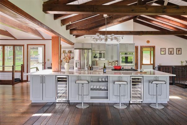 Chandelier, Interior, Kitchen, Pendant Lights, Stainless Steel Appliances, Wooden Beams, Wood Texture Flooring