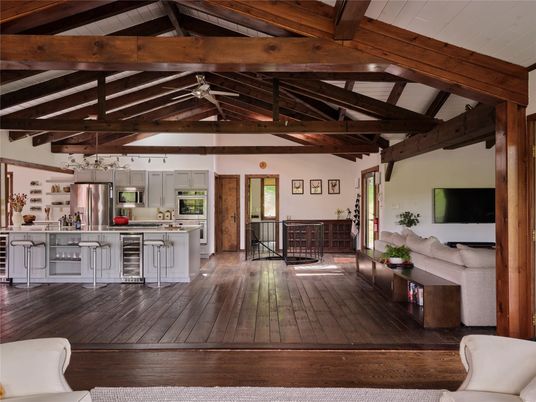 Interior, Kitchen, Stainless Steel Appliances, Wooden Beams, Wood Texture Flooring