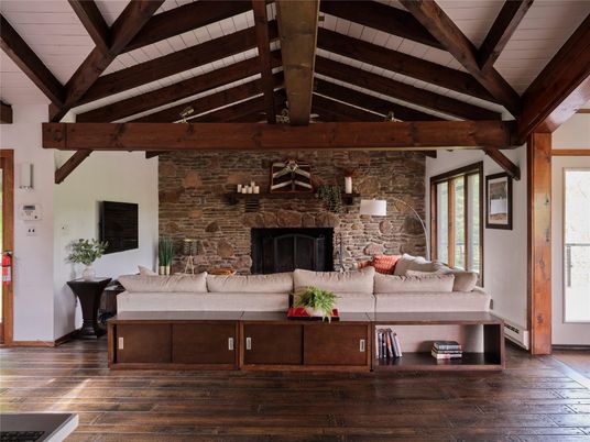 Fireplace, Interior, Living room, Stone Walls, Wooden Beams, Wood Texture Flooring