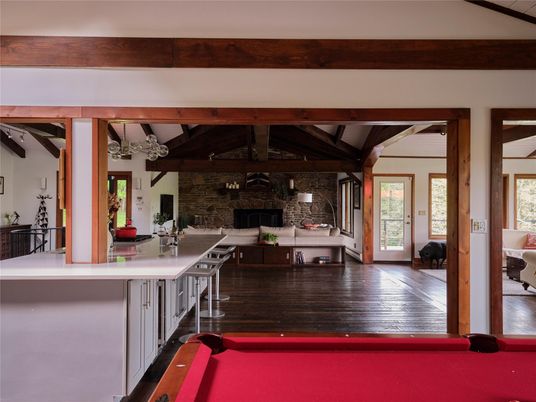 Billiard Table, Fireplace, Game Room, Interior, Kitchen, Stone Walls, Wooden Beams, Wood Texture Flooring