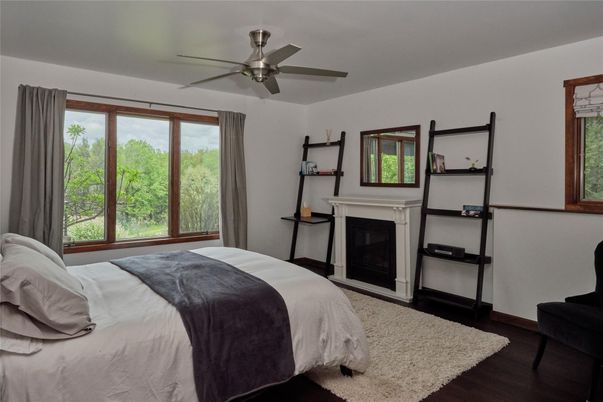 Bedroom, Fireplace, Interior, Wood Texture Flooring