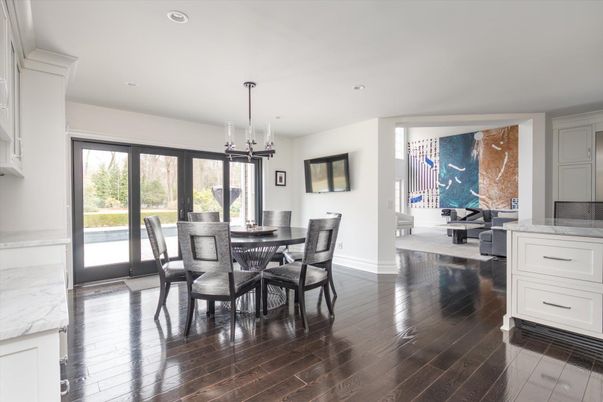Dining room, Interior, Pendant Lights, Recessed Lighting, Wood Texture Flooring
