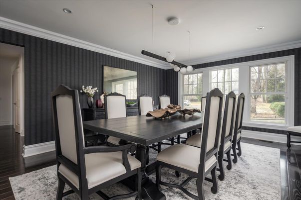 Dining room, Interior, Pendant Lights, Recessed Lighting, Wood Texture Flooring