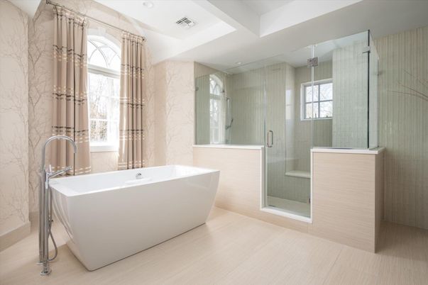 Bathroom, Free Standing Baths, Glass Shower, Interior, Marble Walls, Recessed Lighting, Wood Texture Flooring