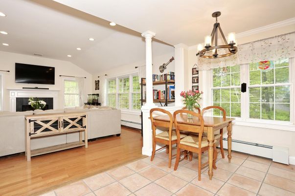 Chandelier, Dining room, Fireplace, Interior, Living room, Recessed Lighting, Wood Texture Flooring