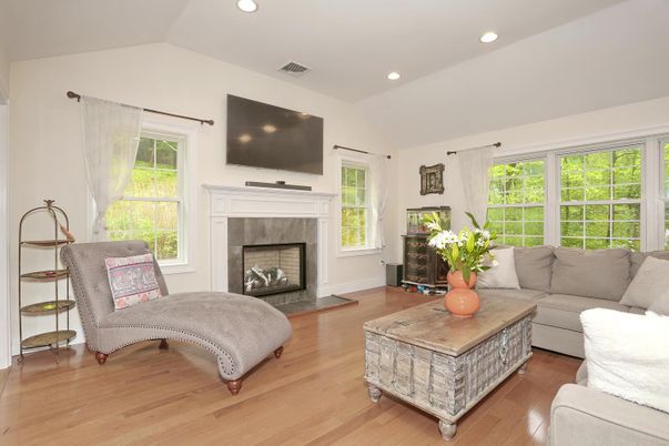 Fireplace, Interior, Living room, Recessed Lighting, Wood Texture Flooring