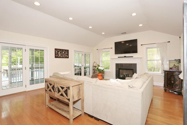 Fireplace, Interior, Living room, Recessed Lighting, Wood Texture Flooring