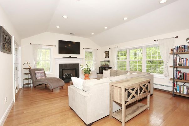 Fireplace, Interior, Living room, Recessed Lighting, Wood Texture Flooring