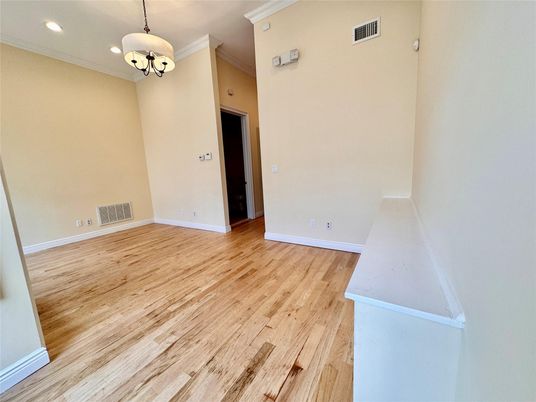 Empty room, Interior, Pendant Lights, Recessed Lighting, Wood Texture Flooring