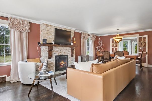 Dining room, Fireplace, Interior, Living room, Pendant Lights, Wood Texture Flooring