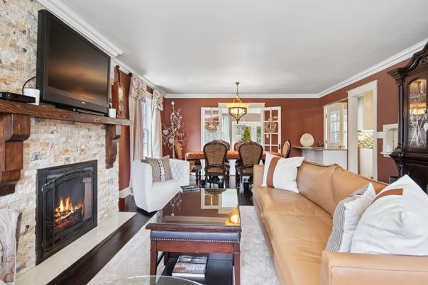 Dining room, Fireplace, Interior, Living room, Pendant Lights, Stone Walls