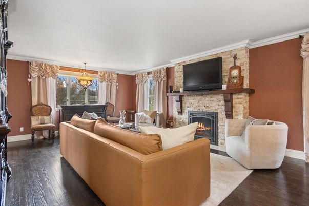 Dining room, Fireplace, Interior, Living room, Pendant Lights, Wood Texture Flooring