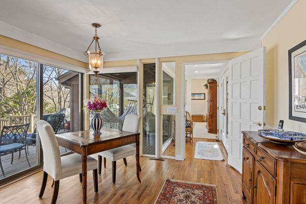 Dining room, Interior, Pendant Lights, Recessed Lighting, Wood Texture Flooring
