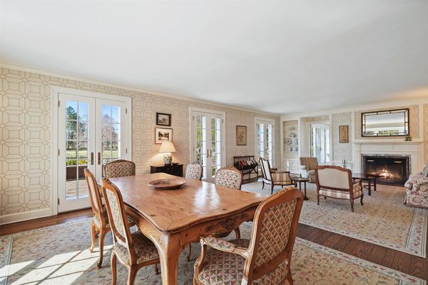 Dining room, Fireplace, Interior, Living room, Wood Texture Flooring