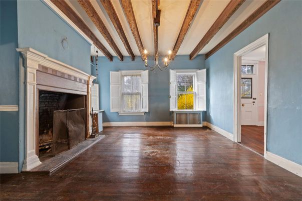 Chandelier, Empty room, Fireplace, Interior, Wooden Beams, Wood Texture Flooring