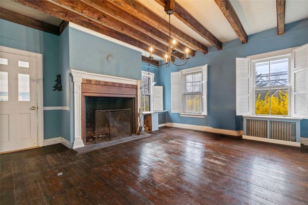 Chandelier, Empty room, Fireplace, Interior, Wooden Beams, Wooden Ceilings, Wood Texture Flooring