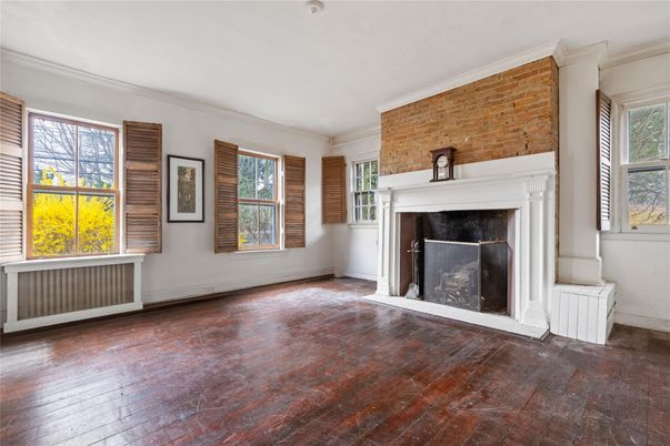 Empty room, Fireplace, Interior, Stone Walls, Wood Texture Flooring