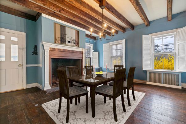 Chandelier, Dining room, Fireplace, Interior, Wooden Beams, Wood Texture Flooring
