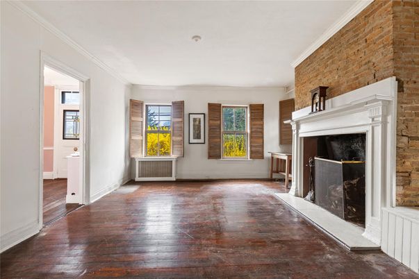 Empty room, Fireplace, Interior, Stone Walls, Wood Texture Flooring
