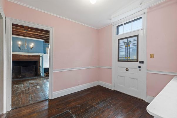 Empty room, Fireplace, Interior, Pendant Lights, Wood Texture Flooring