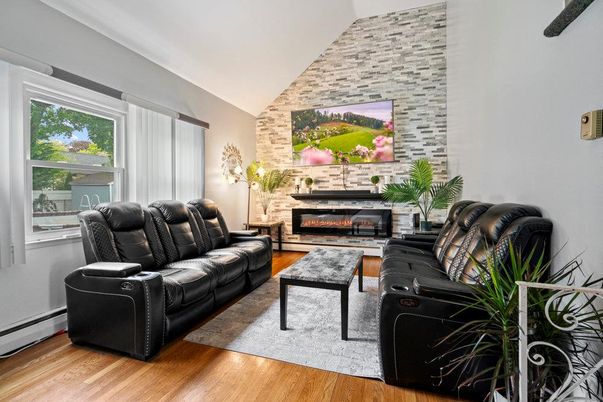 Fireplace, Interior, Living room, Stone Walls, Wood Texture Flooring
