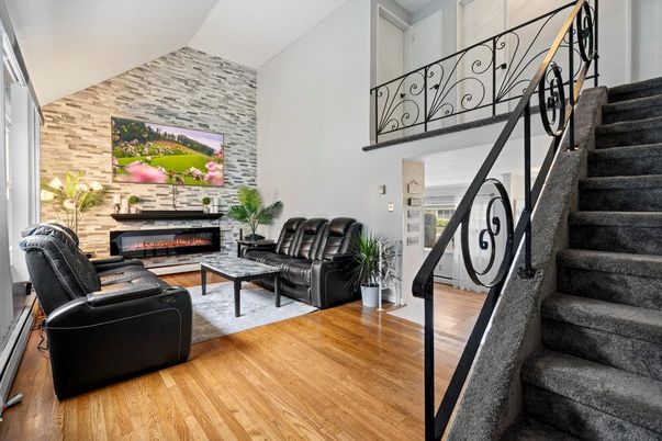 Fireplace, Interior, Living room, Stone Walls, Wood Texture Flooring