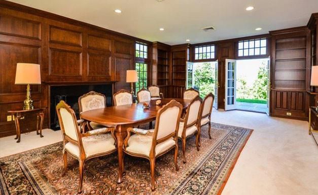 Dining room, Fireplace, Interior, Recessed Lighting, Wooden Walls