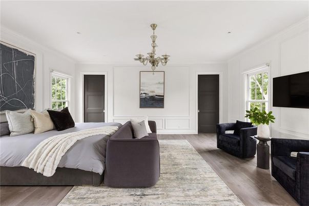 Bedroom, Chandelier, Interior, Wood Texture Flooring
