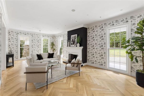 Fireplace, Interior, Living room, Recessed Lighting, Wood Texture Flooring