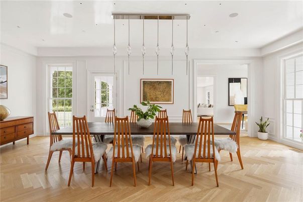 Dining room, Interior, Pendant Lights, Recessed Lighting, Wood Texture Flooring