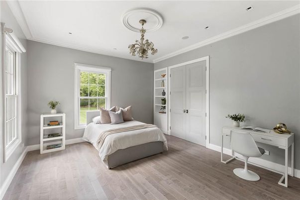 Bedroom, Chandelier, Home Office, Interior, Wood Texture Flooring