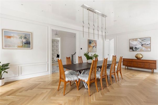 Dining room, Interior, Pendant Lights, Wood Texture Flooring
