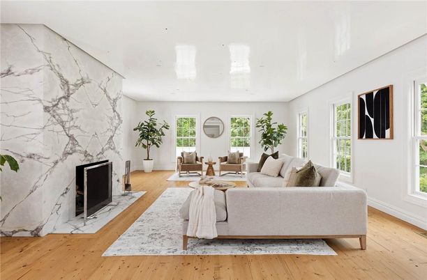 Fireplace, Interior, Living room, Marble Walls, Wood Texture Flooring