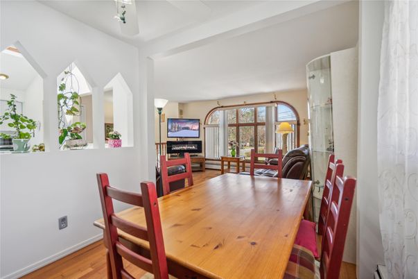 Dining room, Fireplace, Interior, Living room, Wood Texture Flooring