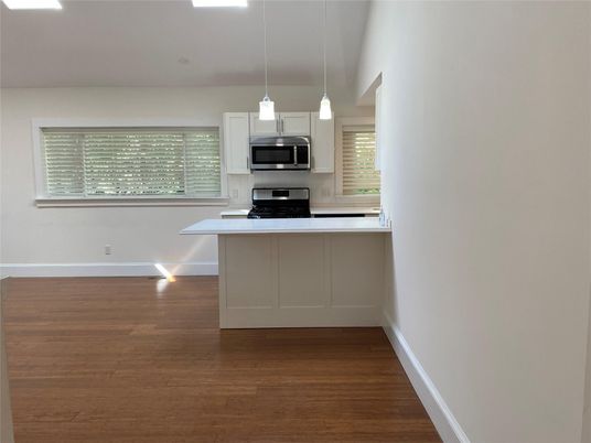 Interior, Kitchen, Pendant Lights, Stainless Steel Appliances, Wood Texture Flooring