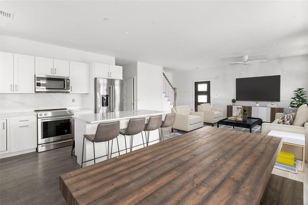 Interior, Kitchen, Living room, Recessed Lighting, Stainless Steel Appliances, Wood Texture Flooring