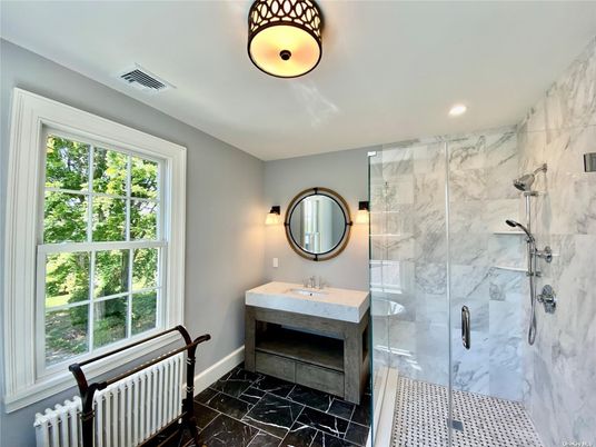 Bathroom, Glass Shower, Interior, Marble, Marble Walls, Recessed Lighting