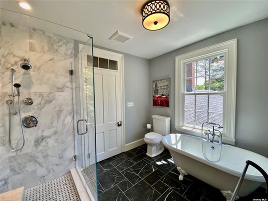 Bathroom, Free Standing Baths, Glass Shower, Interior, Marble, Marble Walls, Recessed Lighting